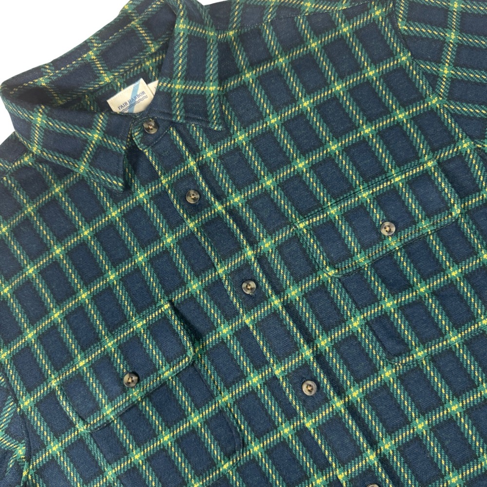 Fair Harbor Dunewood Flannel Shirt Mens Large Blue Green Plaid Stretch Pockets